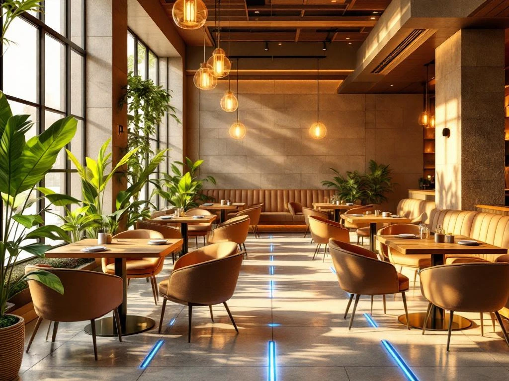 Modern restaurant interieur met warme verlichting, houten tafels, comfortabele stoelen en groene planten bij grote ramen