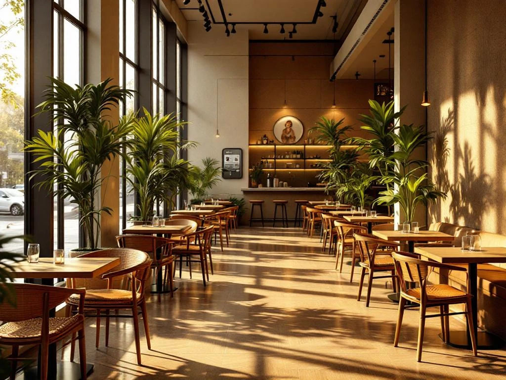 Modern restaurant interieur met warme verlichting, houten tafels, groene planten en eigentijdse bar op de achtergrond.
