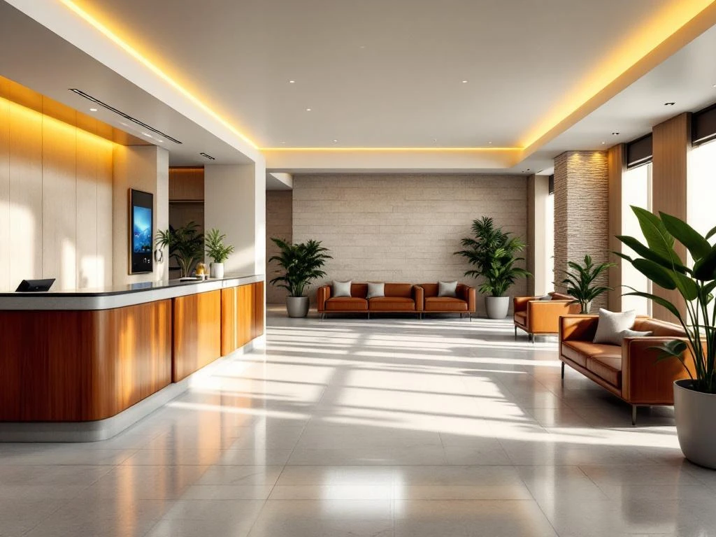 Moderne hotellounge met houten receptiebalie, leren zithoeken, grote ramen en weelderige planten in warme sfeer