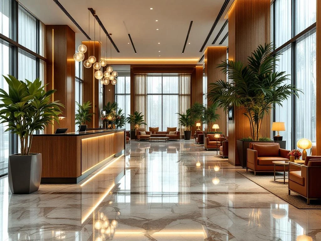 Moderne hotellobby met marmeren vloeren, houten receptiebalie, leren zithoeken en warme verlichting