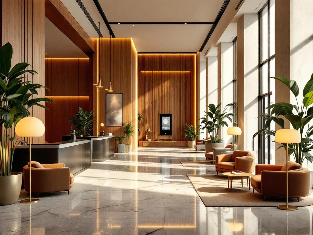 Moderne hotellounge met marmeren vloeren, houten lambrisering, luxe fauteuils en warme verlichting
