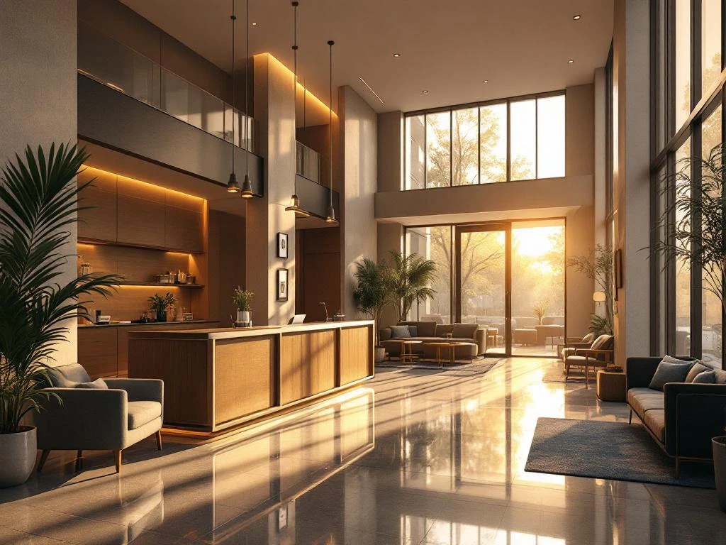 Moderne hotellobby met houten receptiebalie, comfortabele zithoeken en natuurlijk licht door grote ramen