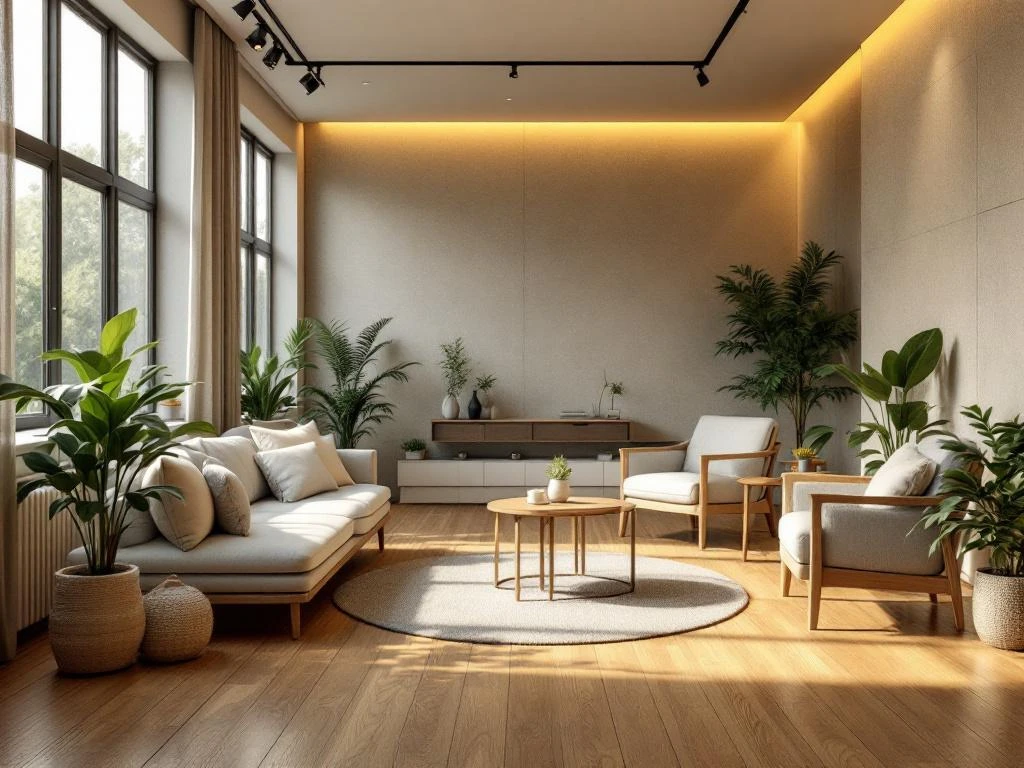 Moderne woonkamer met warme houten vloer, grote ramen, minimalistische meubels en groene planten in natuurlijk licht