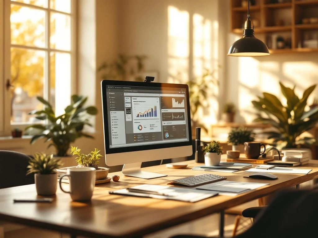 Modern kantoor met houten bureau, computer met workflow grafieken, planten en warme verlichting door grote ramen
