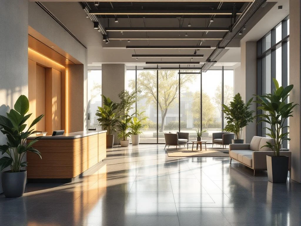 Moderne kantoorlobby met natuurlijk licht, houten receptiebalie, groene planten en minimalistische inrichting