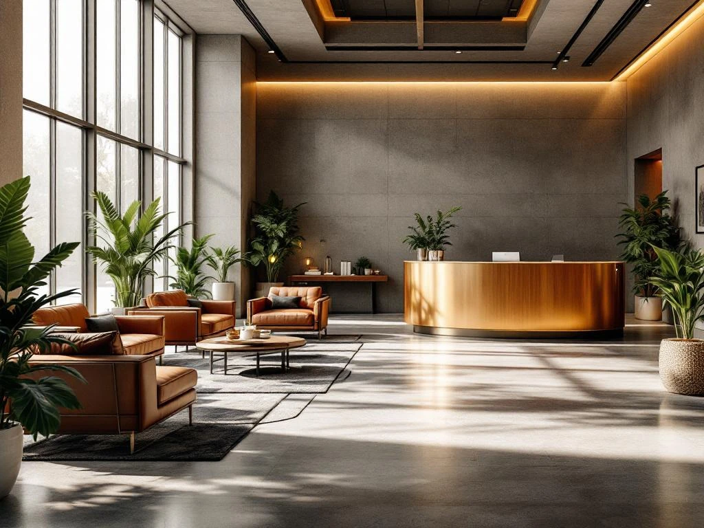 Moderne kantoorlobby met vloer-tot-plafond ramen, leren zithoeken, houten receptiebalie en groene planten in warm licht