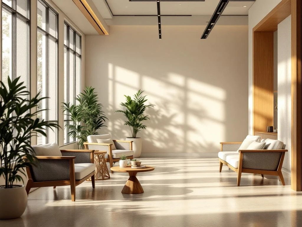 Moderne kantoor receptie met natuurlijk licht, houten meubilair, comfortabele stoelen en planten in professionele ruimte