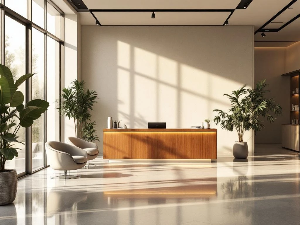 Moderne kantoor receptie met houten balie, comfortabele stoelen, grote ramen en warme natuurlijke verlichting