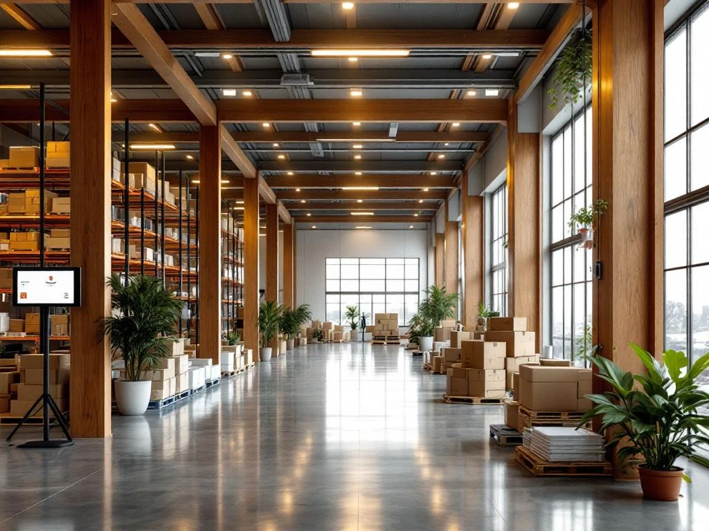 Modern logistiek magazijn met warme LED-verlichting, georganiseerde stellingen, houten balken en natuurlijk licht