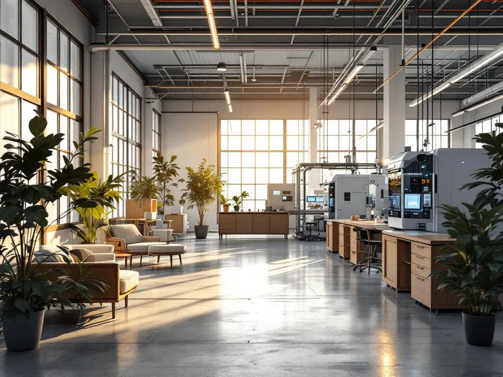Moderne productiefaciliteit met geautomatiseerde werkstations, natuurlijk licht en collaboratieve zones met planten