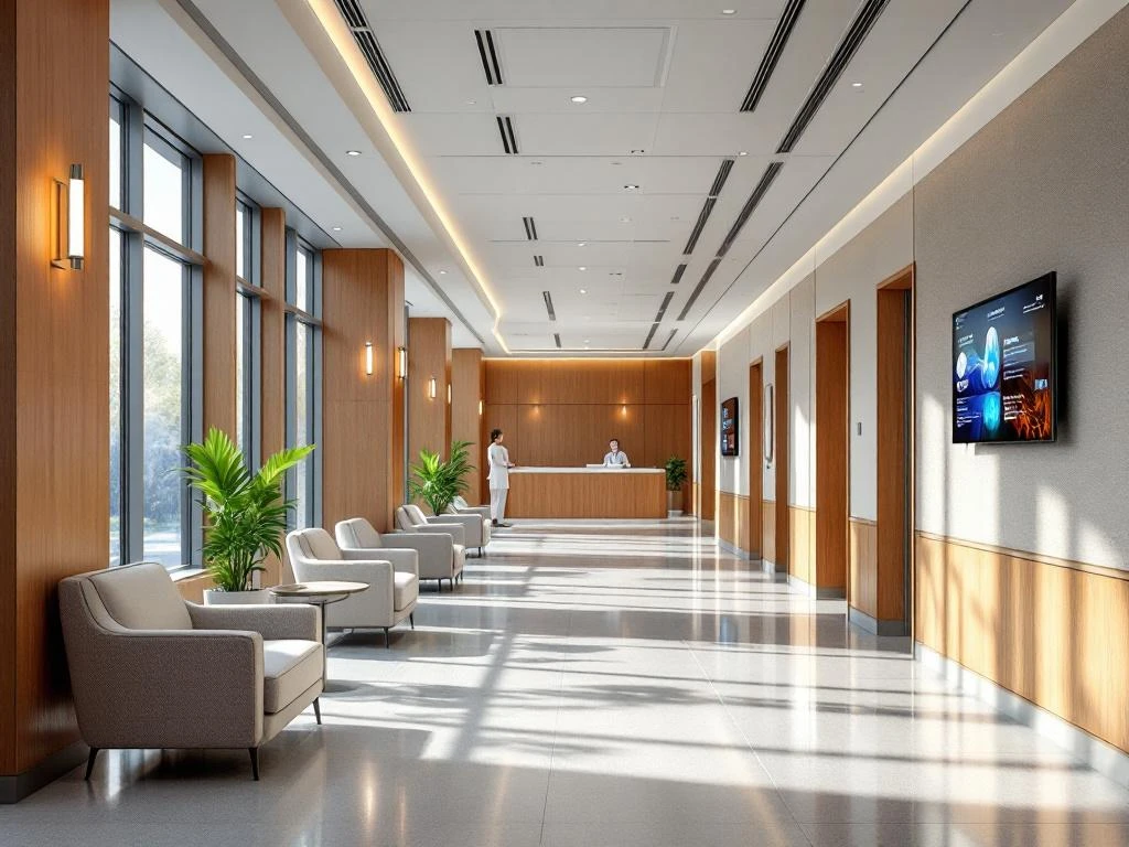 Moderne ziekenhuisgang met houten accenten, natuurlijk licht, comfortabele zithoeken en planten in warme sfeer