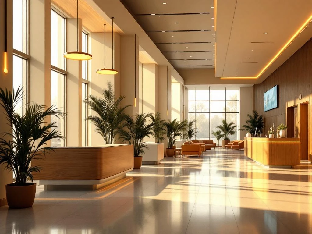 Moderne ziekenhuislobby met houten receptiebalie, warme verlichting, comfortabele zithoeken en planten