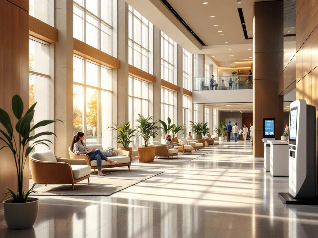 Moderne ziekenhuislobby met natuurlijk licht, comfortabele zithoeken, houtaccenten en digitale check-in kiosken
