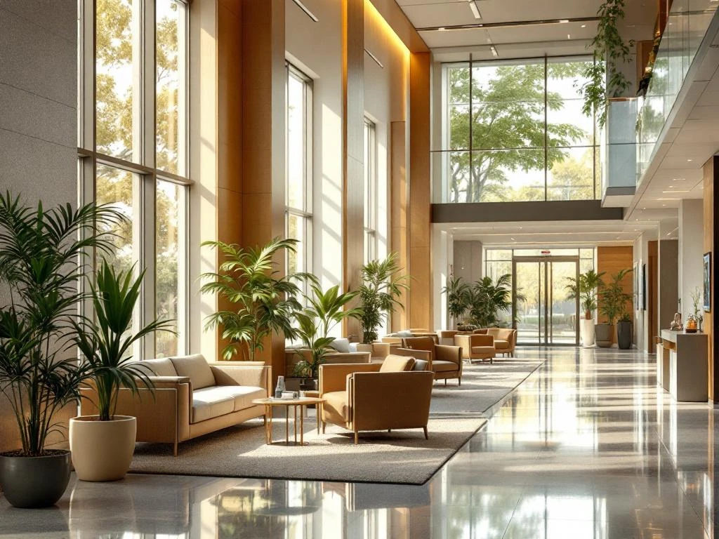 Moderne ziekenhuislobby met natuurlijk licht, comfortabele zithoeken, houten accenten en groene planten in warme sfeer