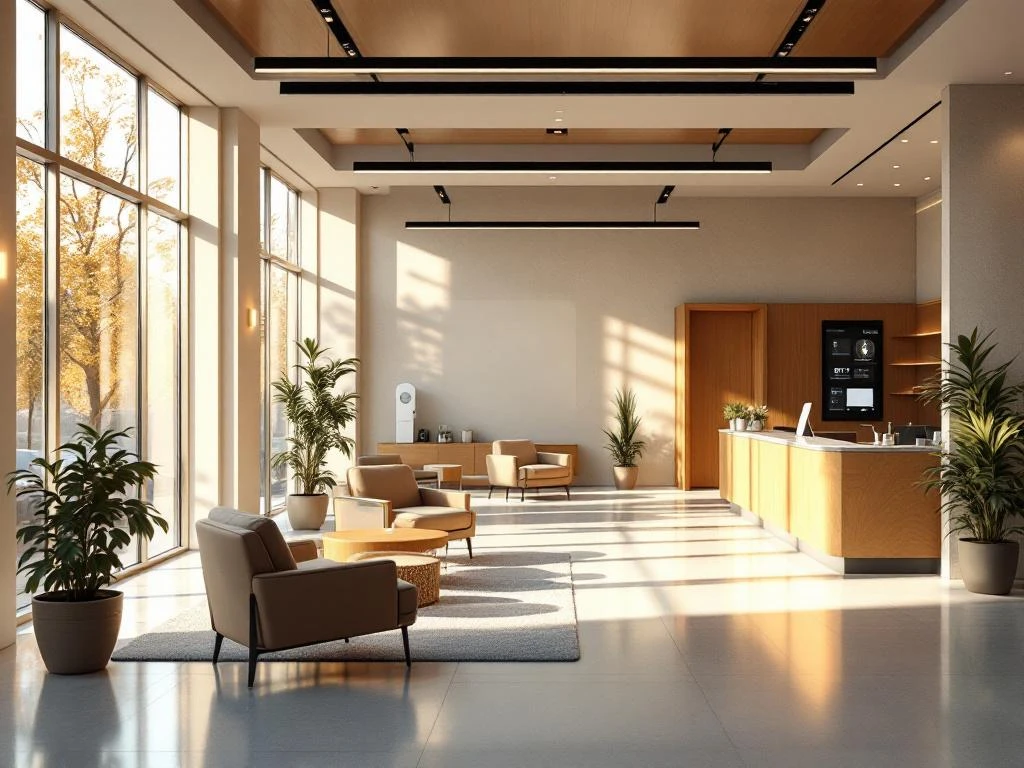 Moderne ziekenhuislobby met houten receptiebalie, comfortabele zithoeken, grote ramen en warme natuurlijke verlichting