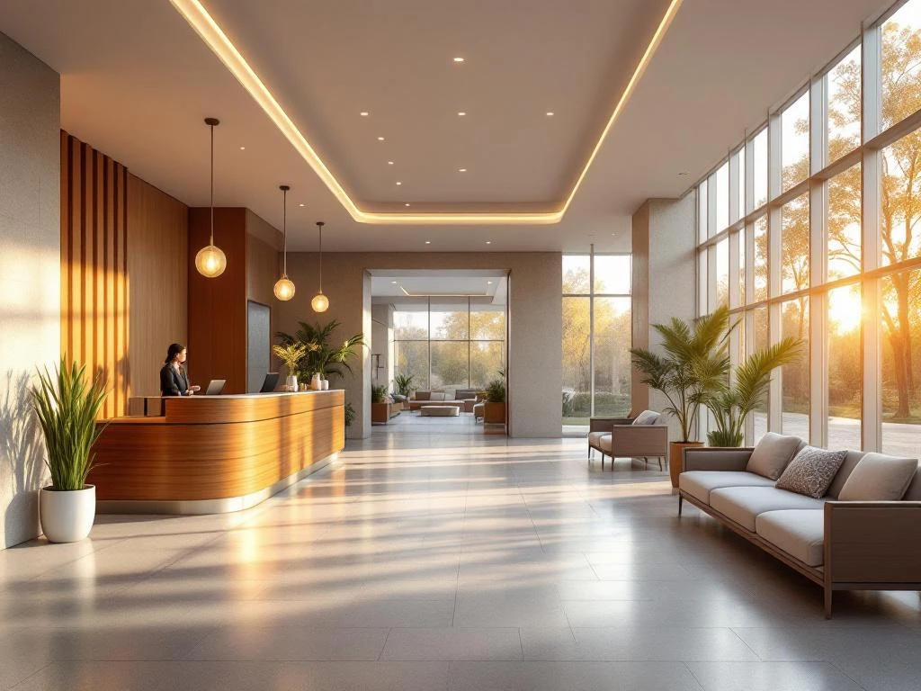 Moderne ziekenhuislobby met houten receptiebalie, comfortabele zithoeken, grote ramen en warme verlichting