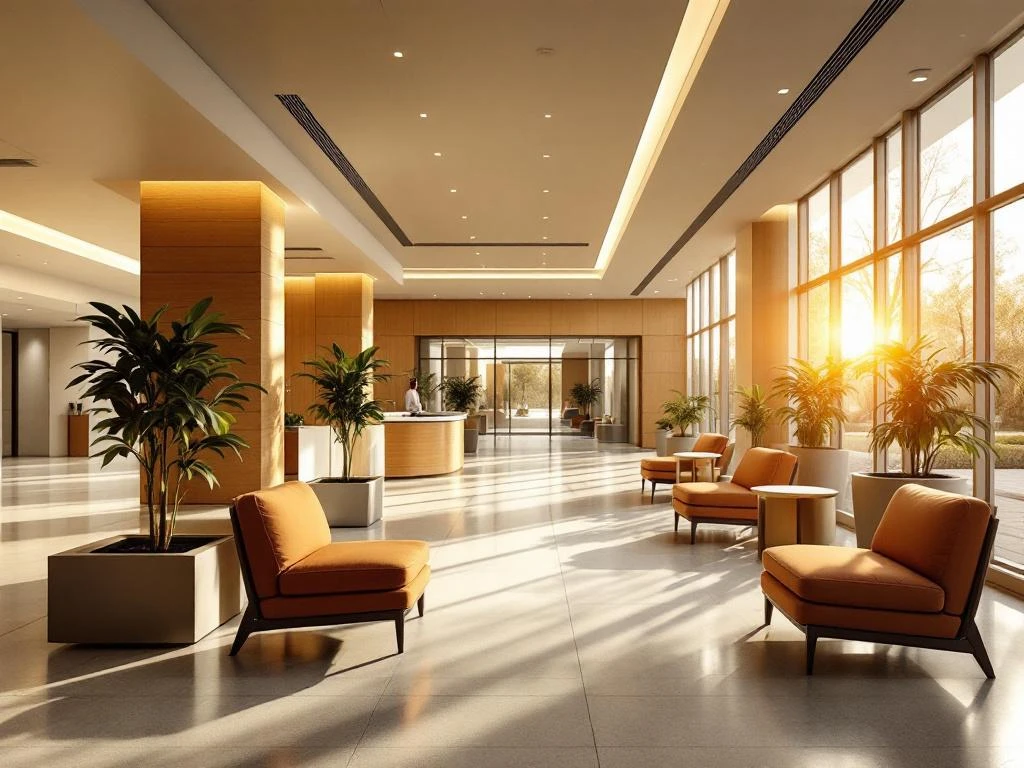 Moderne ziekenhuislobby met houten receptiebalie, comfortabele zithoeken, groene planten en warm natuurlijk licht