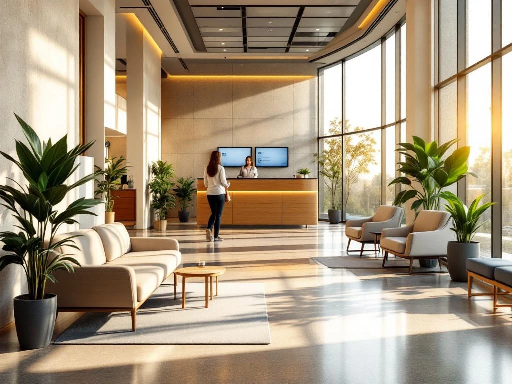Moderne ziekenhuislobby met natuurlijk licht, comfortabele zithoeken, houten accenten en groene planten