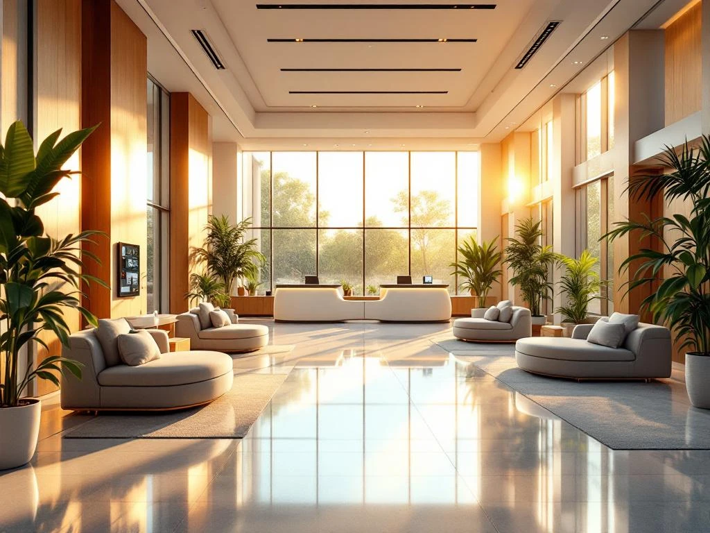 Moderne ziekenhuislobby met gouden zonlicht, gebogen receptiebalie, comfortabele zithoeken en groene planten