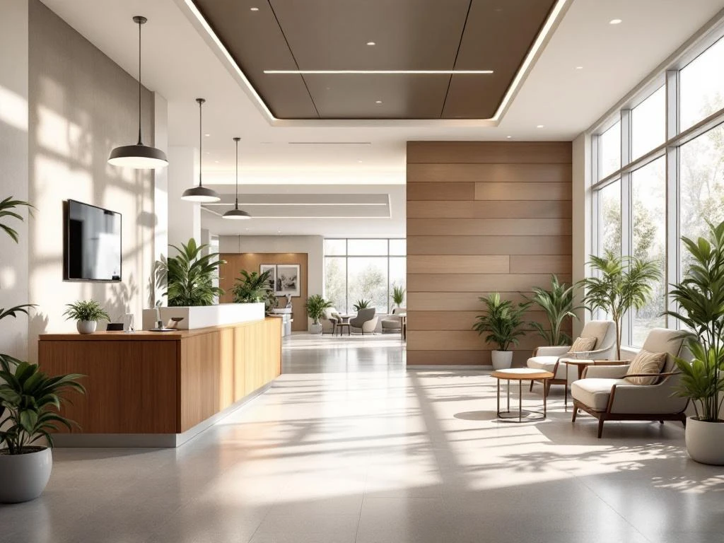 Moderne zorgverlening lobby met houten receptiebalie, comfortabele zithoeken, grote ramen en digitale displays