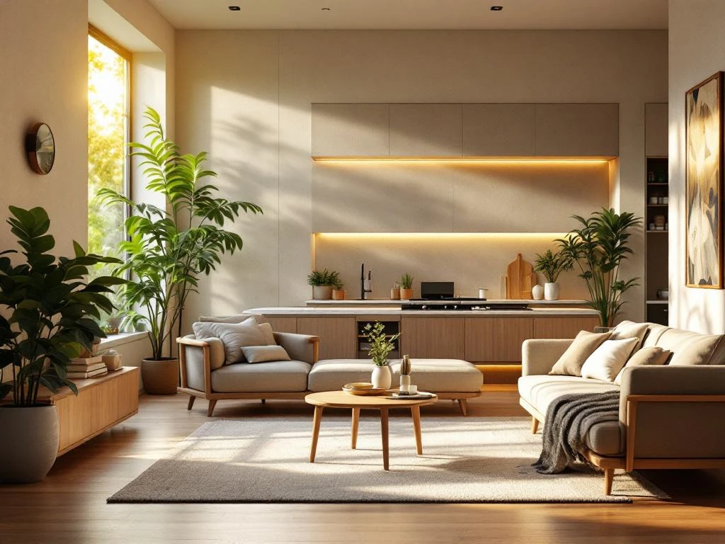 Moderne woonkamer met natuurlijk licht, houten accenten, planten en open keuken op achtergrond
