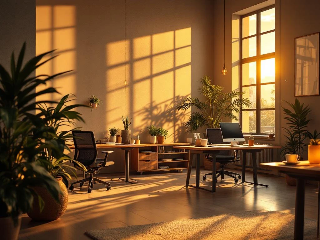 Moderne kantoorruimte met houten bureaus, warme verlichting, grote ramen en ergonomische werkplekken met planten