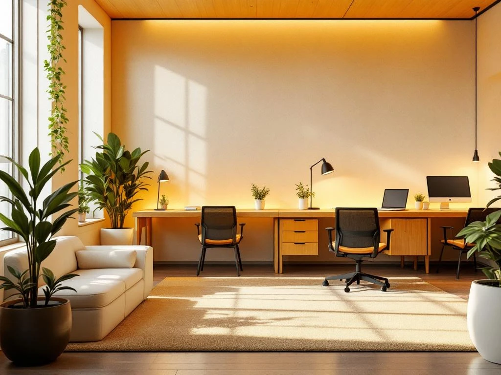 Modern kantoor met warme verlichting, houten accenten, strakke bureaus, planten en minimalistische inrichting