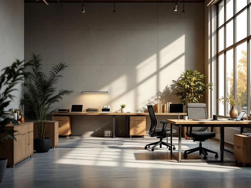 Moderne kantooromgeving met houten bureaus, ergonomische stoelen en natuurlijk licht door grote ramen