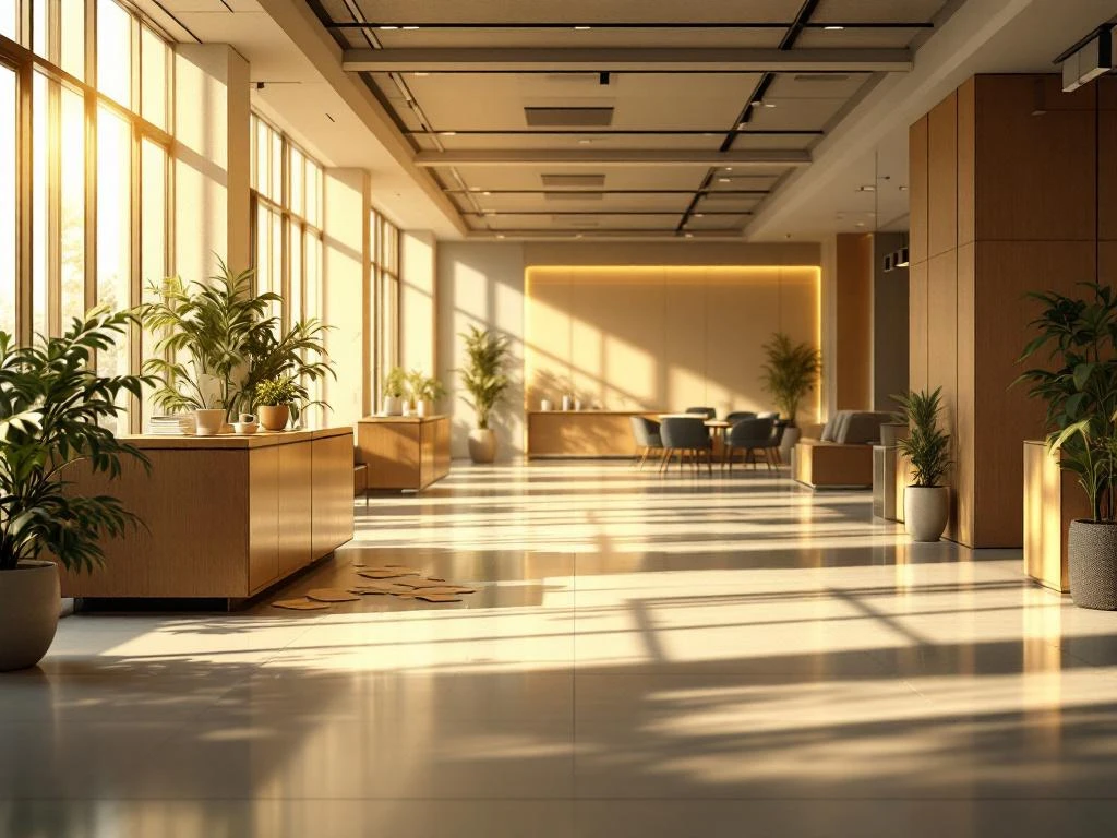 Moderne kantoorruimte met warme verlichting, lege receptie met verspreide papieren en stille gangen zonder personeel