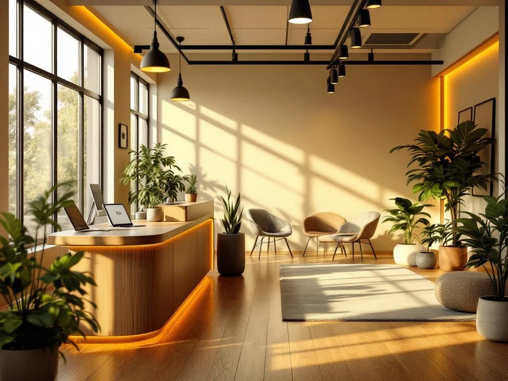 Moderne kantoorruimte met houten receptiebalie, comfortabele stoelen, groene planten en warme verlichting door grote ramen