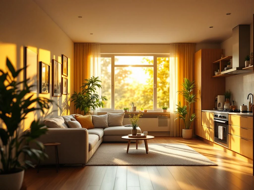 Moderne woonkamer met open keuken, houten vloeren, natuurlijk licht door grote ramen en gezellige inrichting