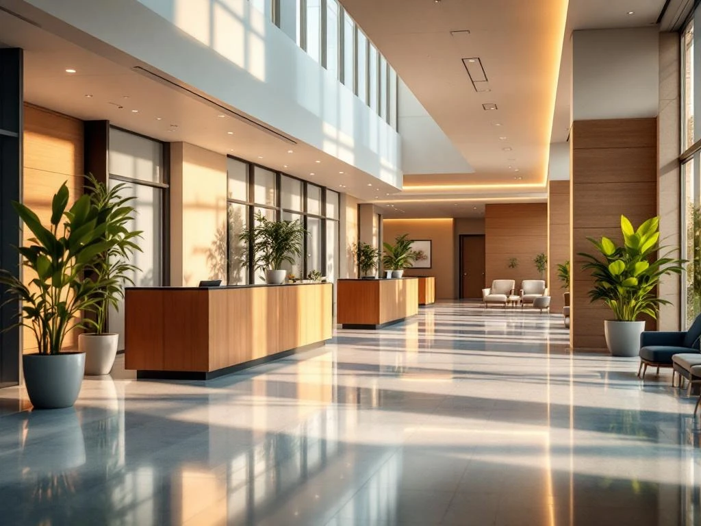 Moderne ziekenhuislobby met warme verlichting, houten receptiebalie, comfortabele zithoek en groene planten