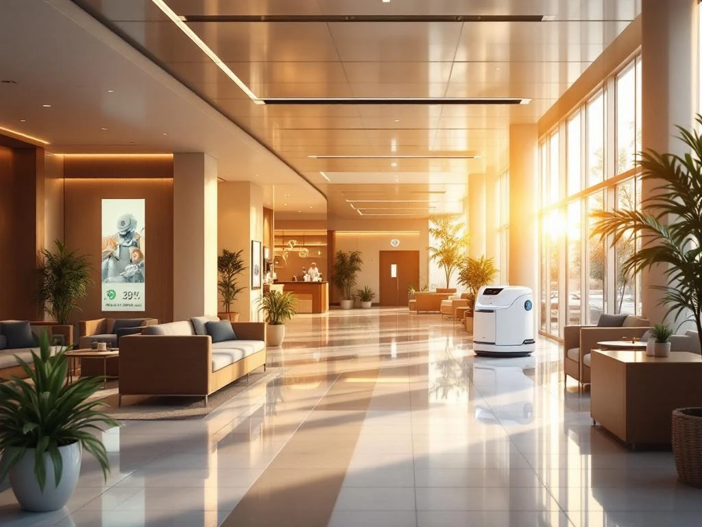 Moderne ziekenhuislobby met warme verlichting, comfortabele zithoeken, receptie, wachtruimte en café-hoek