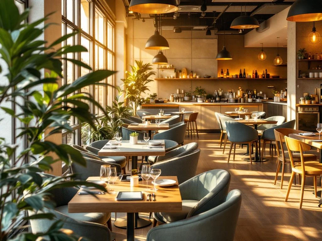 Modern restaurant interieur met warme verlichting, houten tafels, groene planten en geïntegreerde technologie