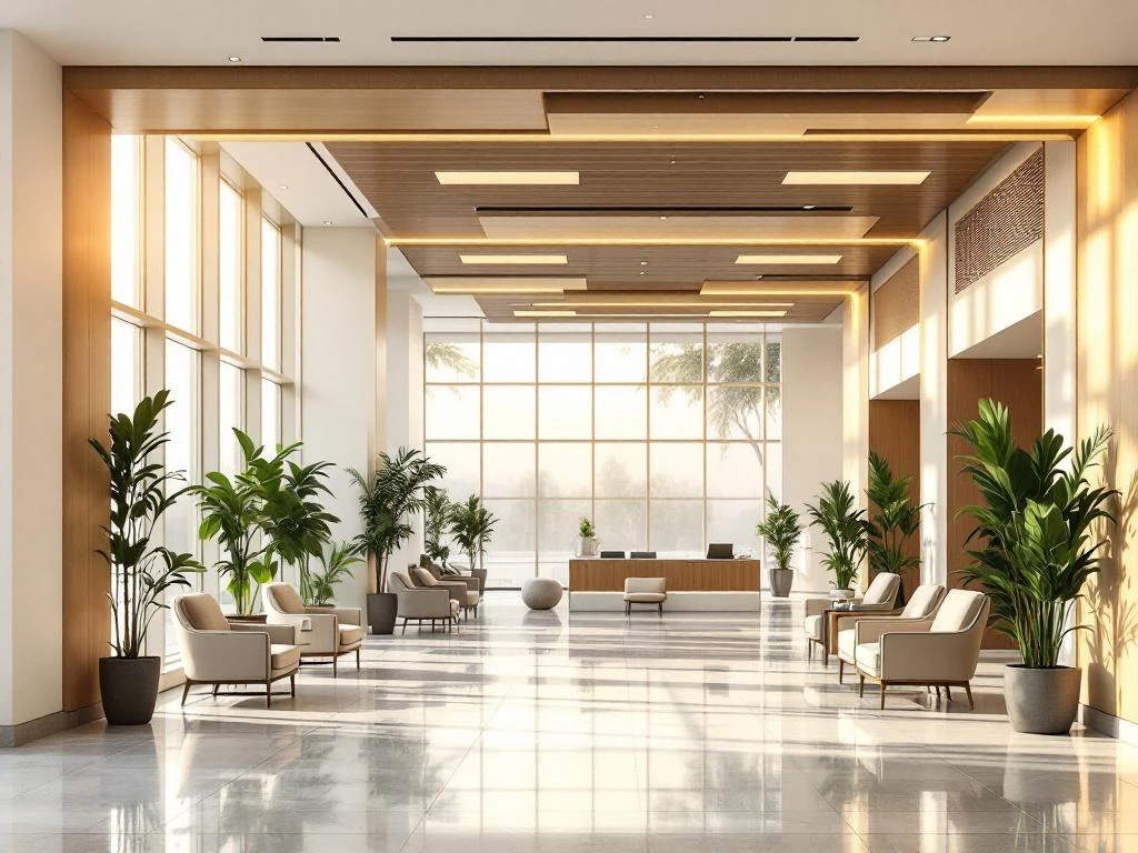 Moderne ziekenhuislobby met warme verlichting, comfortabele zithoeken, houten accenten en groene planten