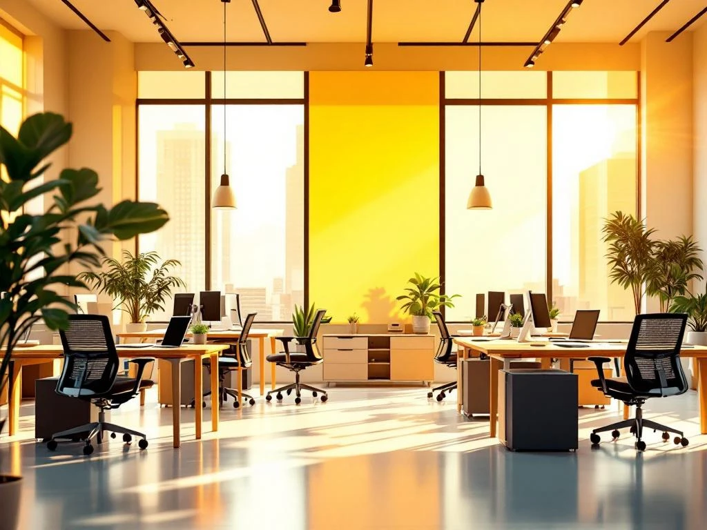 Moderne faciliteitsmanagement kantoorruimte met houten bureaus, ergonomische stoelen, monitoring schermen en planten
