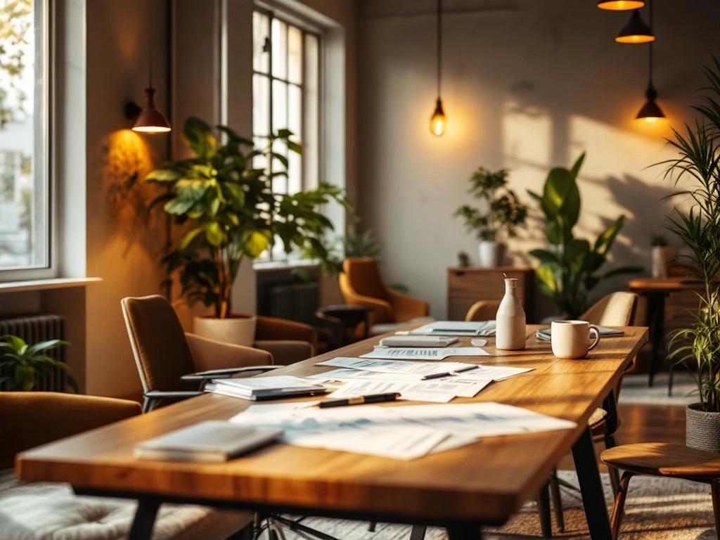 Modern kantoor met houten bureau vol financiële documenten, natuurlijk licht door grote ramen en groene planten