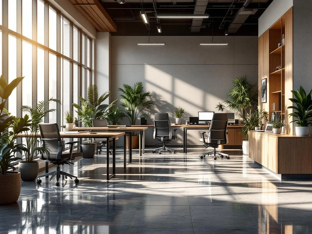 Modern kantoor met houten bureaus, ergonomische stoelen, natuurlijk licht door grote ramen en groene planten