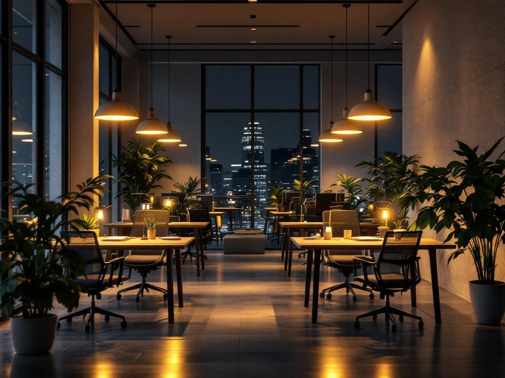 Modern kantoorruimte 's nachts met warme verlichting, houten bureaus, groene planten en ergonomische stoelen