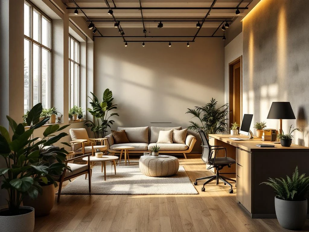 Moderne kantoorruimte met houten vloer, natuurlijk licht, planten en gezellige zithoek met neutrale tinten