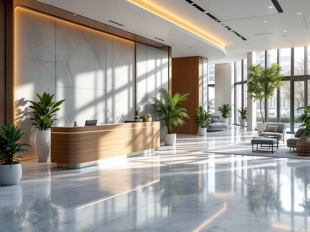 Moderne kantoorlobby met marmeren vloeren, houten receptiebalie, groene planten en natuurlijk licht door grote ramen