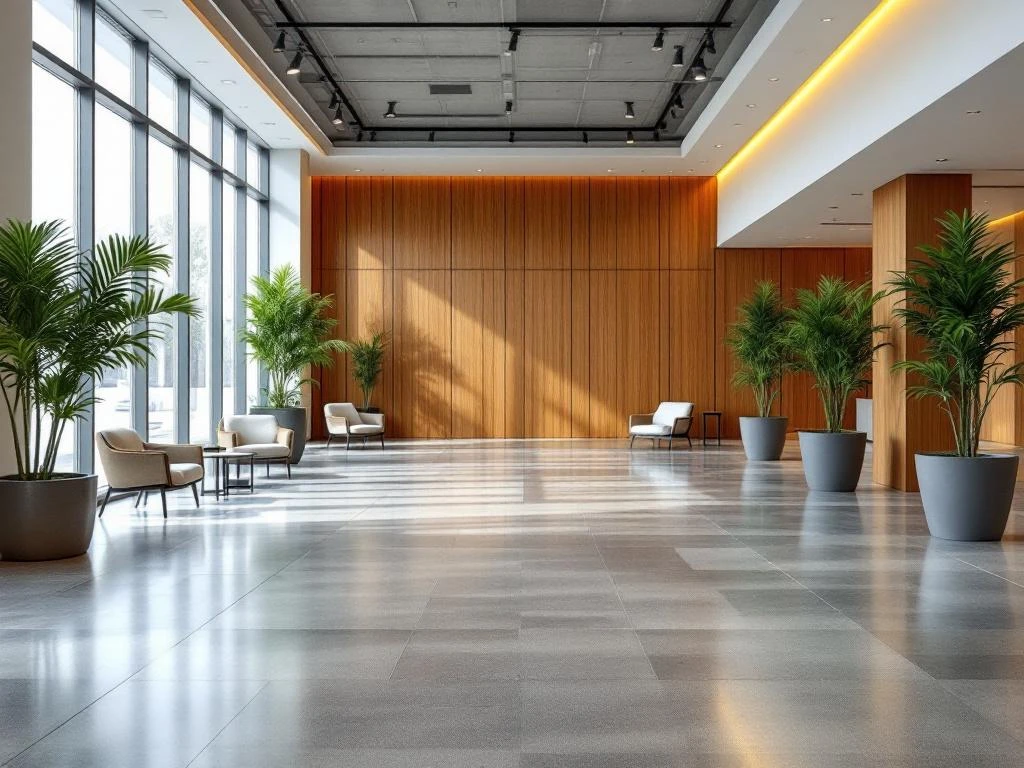 Moderne kantoorlobby met betonnen vloeren, houten wanden, grote ramen, zithoeken en groene planten