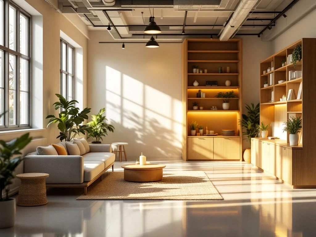 Moderne kantoorpauzeruimte met natuurlijk licht, licht houten meubilair, groene planten en comfortabele zithoeken