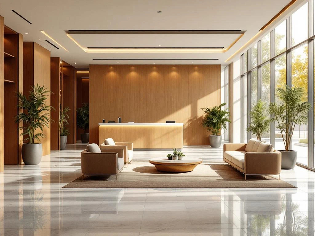 Moderne luxe kantoor receptie met warme houten accenten, natuurlijk licht en eigentijds meubilair