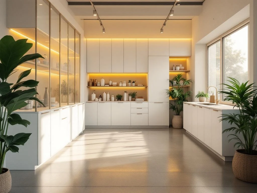Moderne kantoor schoonmaak opslagruimte met witte kasten, houten planken vol reinigingsmiddelen en natuurlijk licht