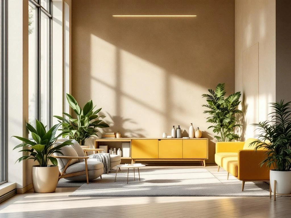 Moderne kantoorschoonmaakruimte met warme verlichting, houten meubilair, planten en professionele schoonmaakbenodigdheden
