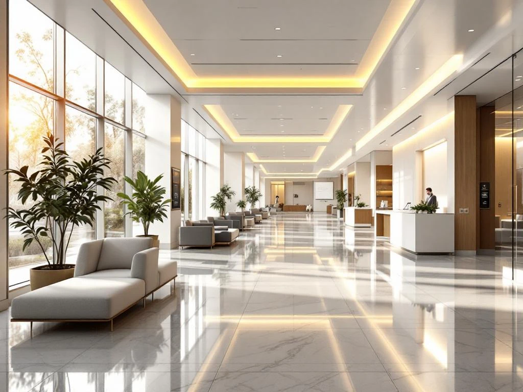 Moderne ziekenhuislobby met natuurlijk licht, witte en houten oppervlakken, zithoeken en digitale displays