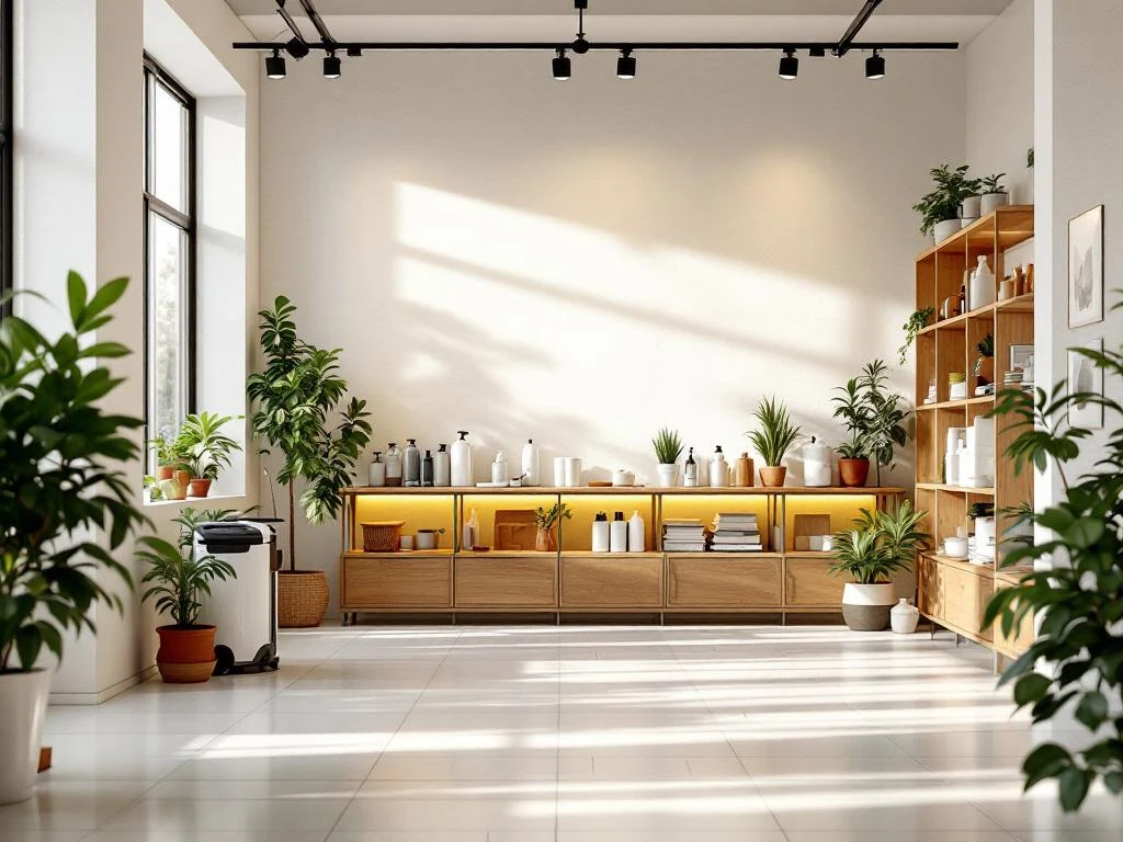 Moderne schoonmaakvoorraadkamer met houten planken, schoonmaakmiddelen, planten en warme verlichting