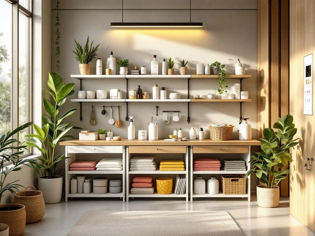 Moderne schoonmaakvoorraden kamer met houten accenten, witte planken vol professionele schoonmaakmiddelen en planten