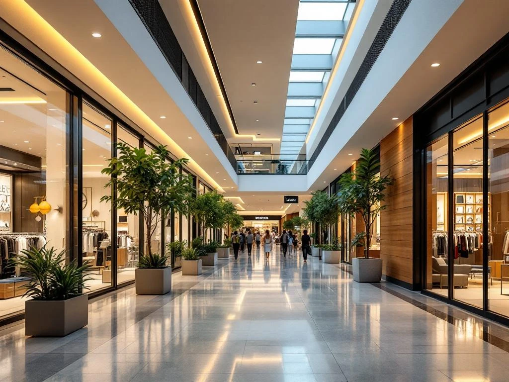Moderne winkelcentrum gang met warme verlichting, glazen winkelpuien, planten en houten accenten